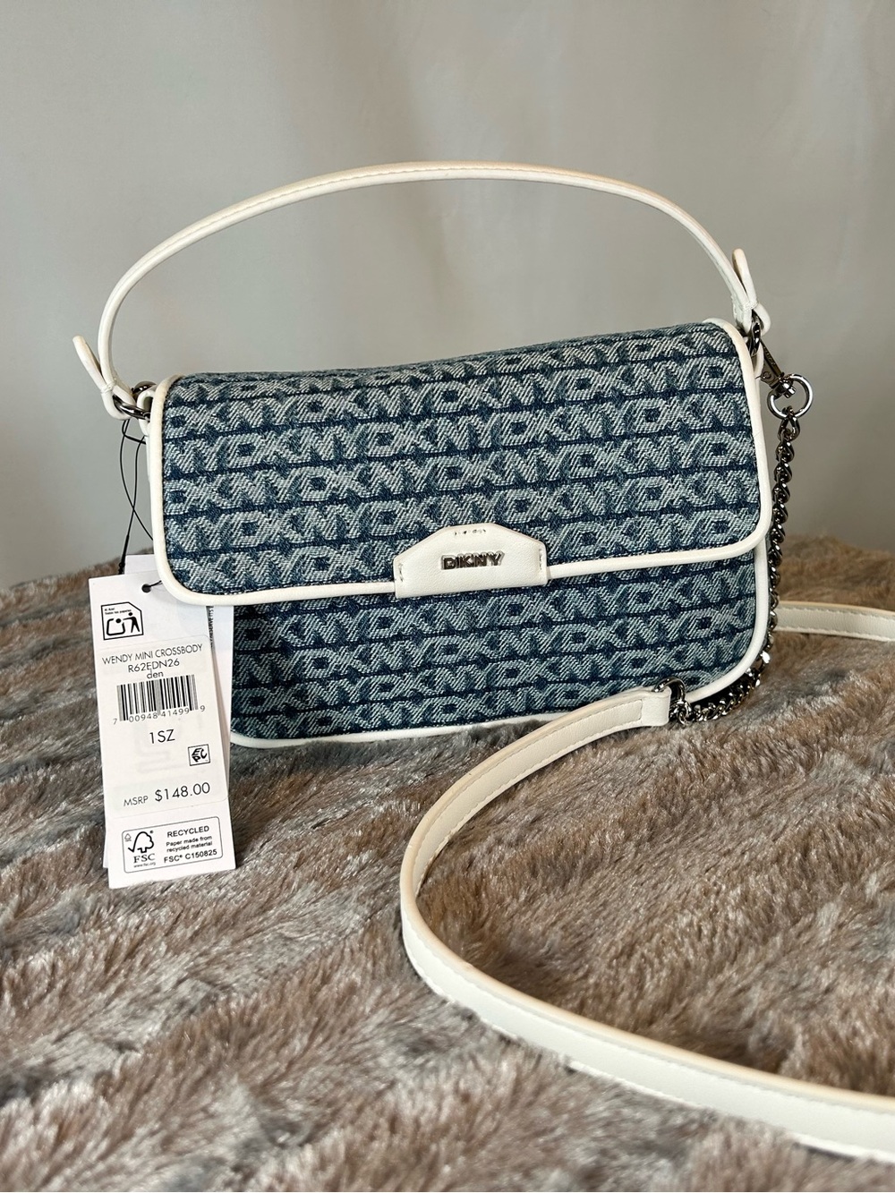 DKNY Blue Denim Jacquard Mini Crossbody with White Trim NWT